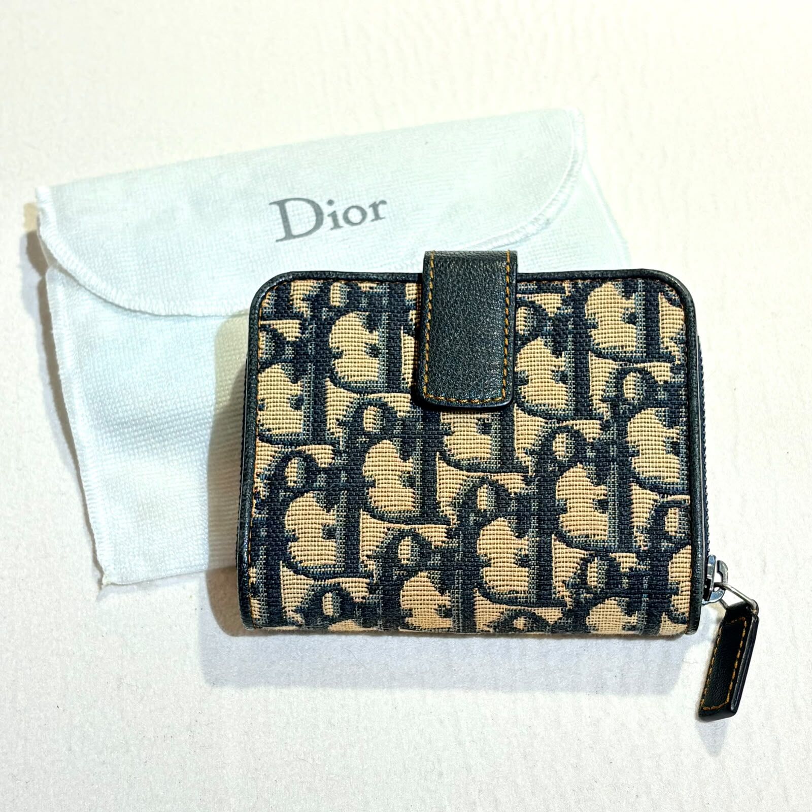 90%NEW二手DIOR 短銀包 Vintage 藍色提花帆布 Wallet #香榭站正品