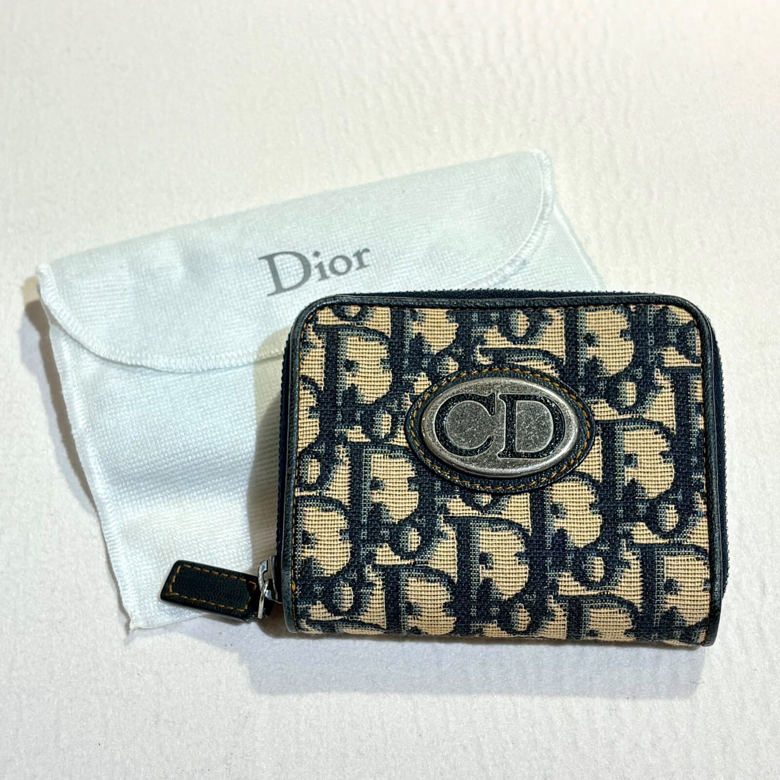 90%NEW二手DIOR 短銀包 Vintage 藍色提花帆布 Wallet #香榭站正品