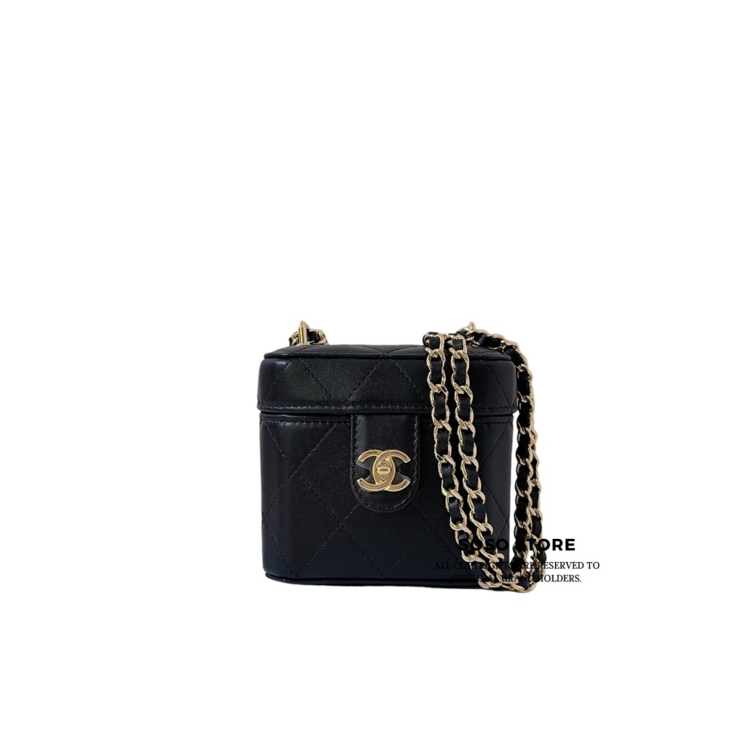 Chanel CC Turnlock Box Mini Vanity Case with Chain - Black / GHW