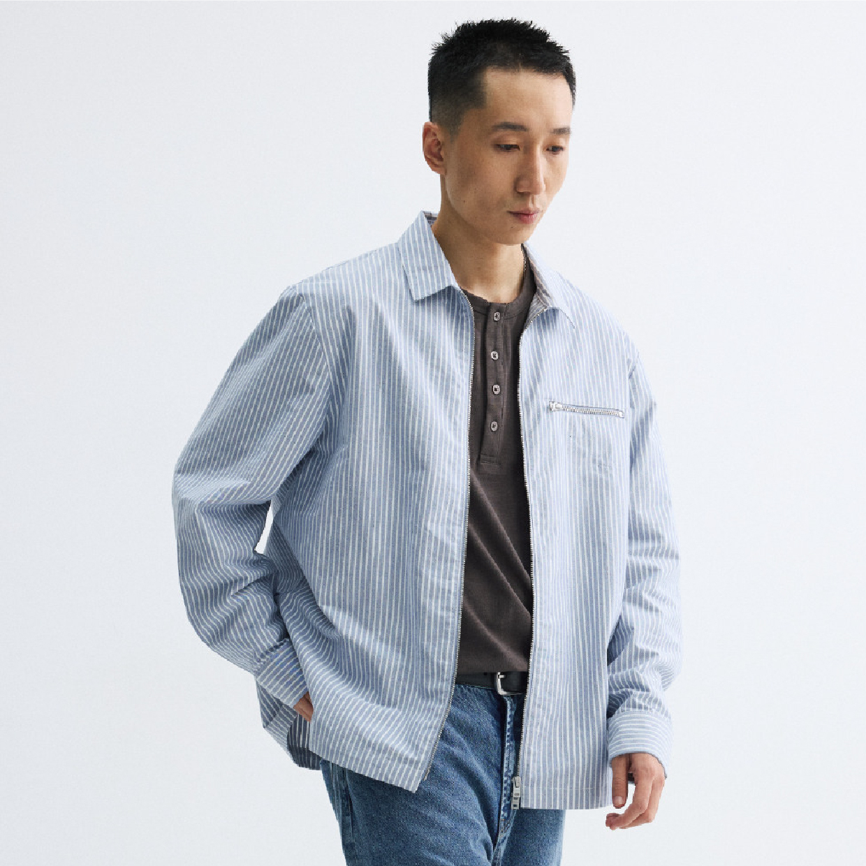 PIN SKTBS Striped Zip-Up Shirt 條紋 拉鍊長袖襯衫 [P-J2326]