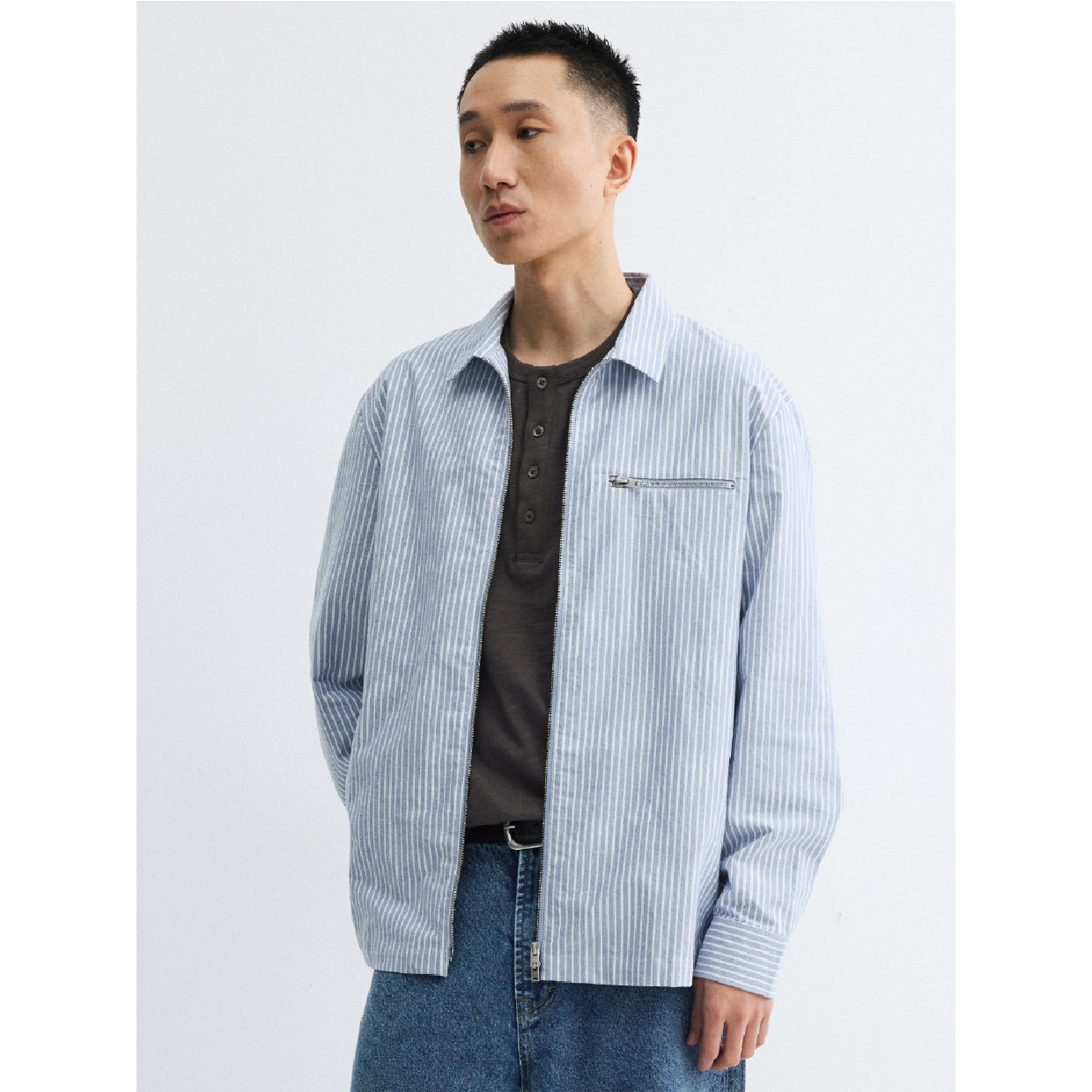 PIN SKTBS Striped Zip-Up Shirt 條紋 拉鍊長袖襯衫 [P-J2326]