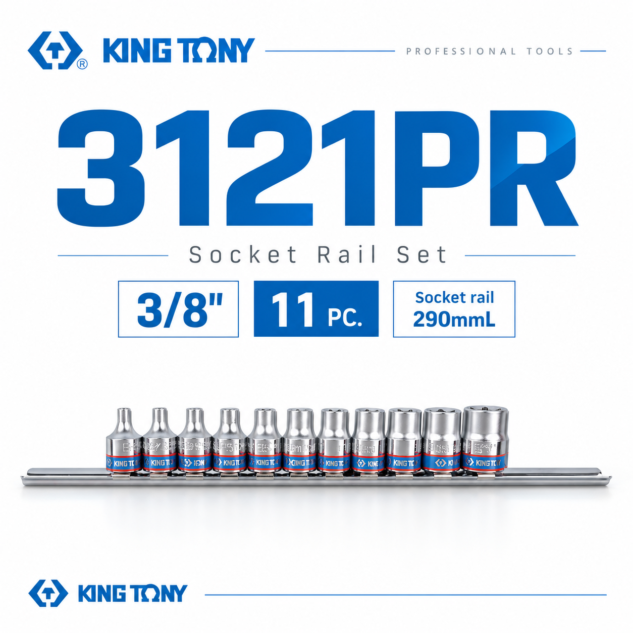 KING TONY 金統立｜手動星型套筒11件式E型套筒 3/8" 三分 3分六角星型短套筒組｜3121PR