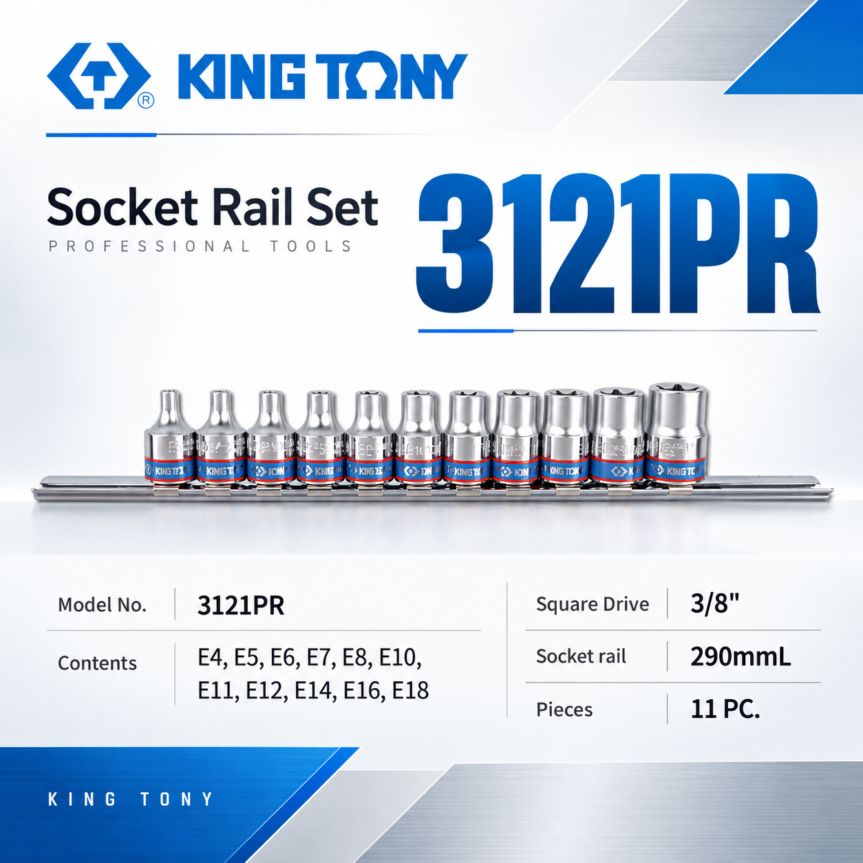 KING TONY 金統立｜手動星型套筒11件式E型套筒 3/8" 三分 3分六角星型短套筒組｜3121PR