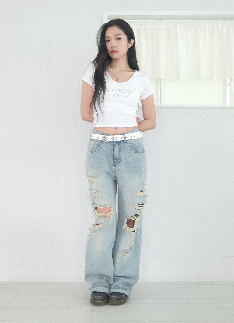 < 韓女褲褲撿便宜🌟>SKY DAMAGE PANTS 刷破牛仔長褲