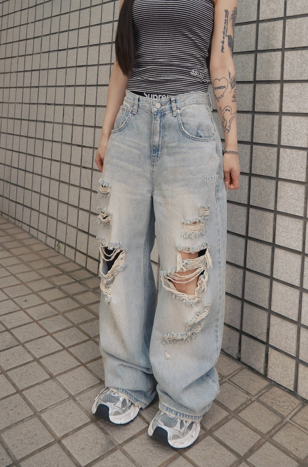< 韓女褲褲撿便宜🌟>SKY DAMAGE PANTS 刷破牛仔長褲