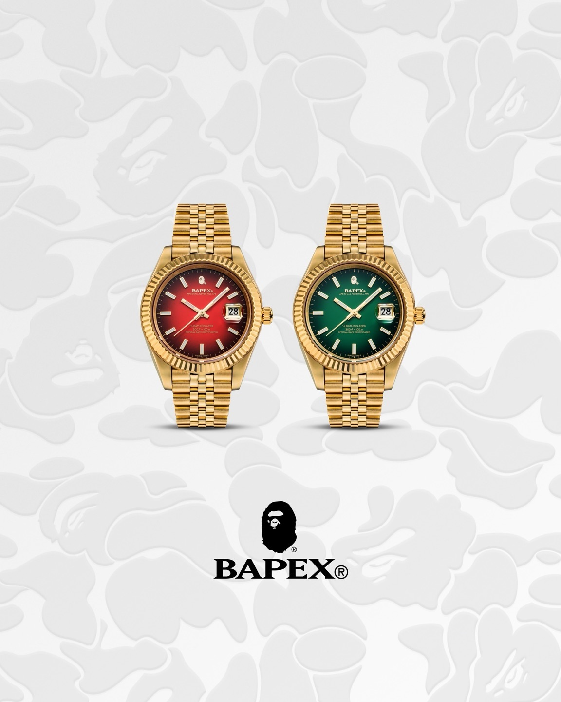 A BATHING APE TYPE 6 BAPEX®︎ 手錶 金色 機械機芯 不鏽鋼錶帶 腕表 紅色 / 綠色