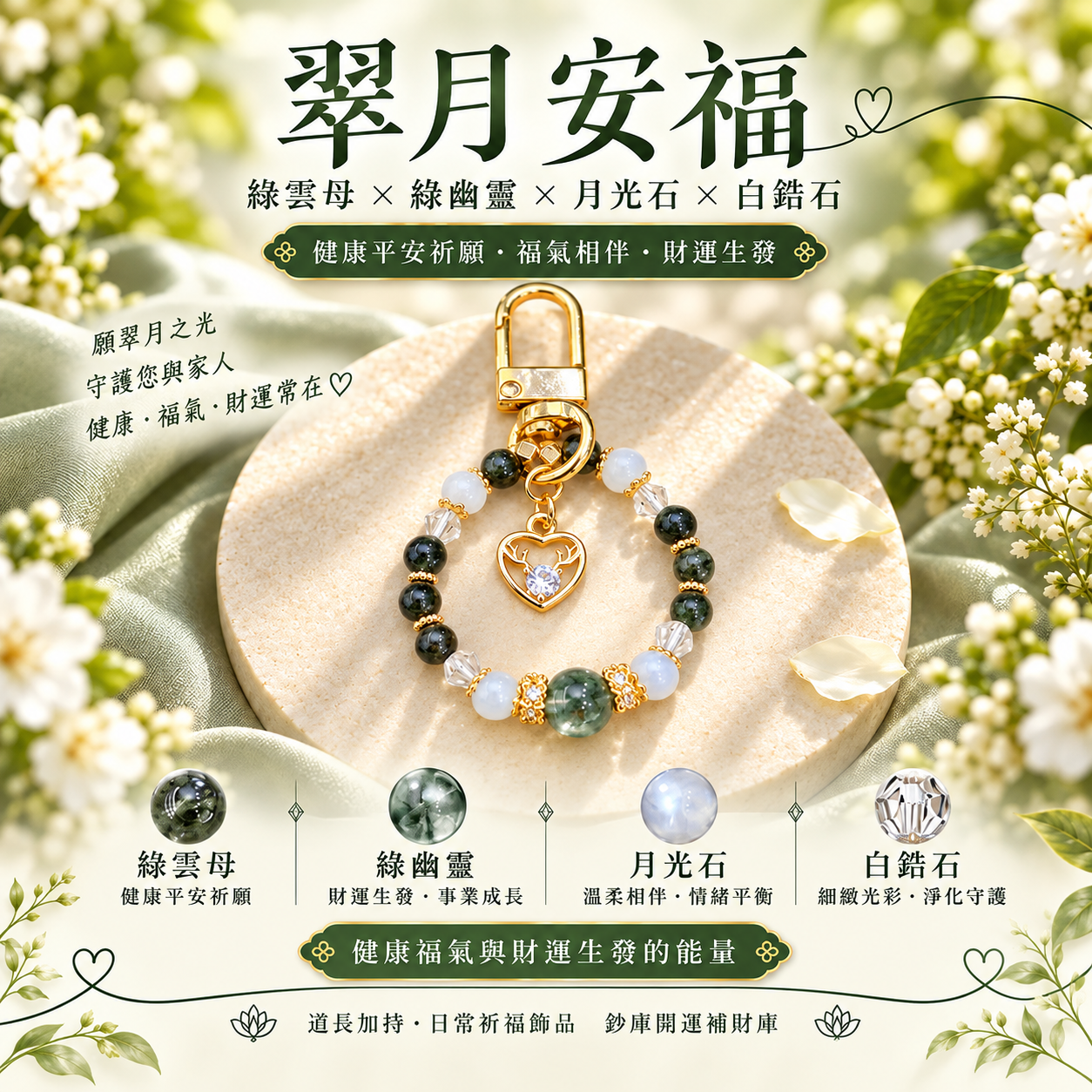 翠月安福｜綠雲母 × 綠幽靈 × 月光石・祈福手機/包包吊飾  (天然水晶 x 道長加持)