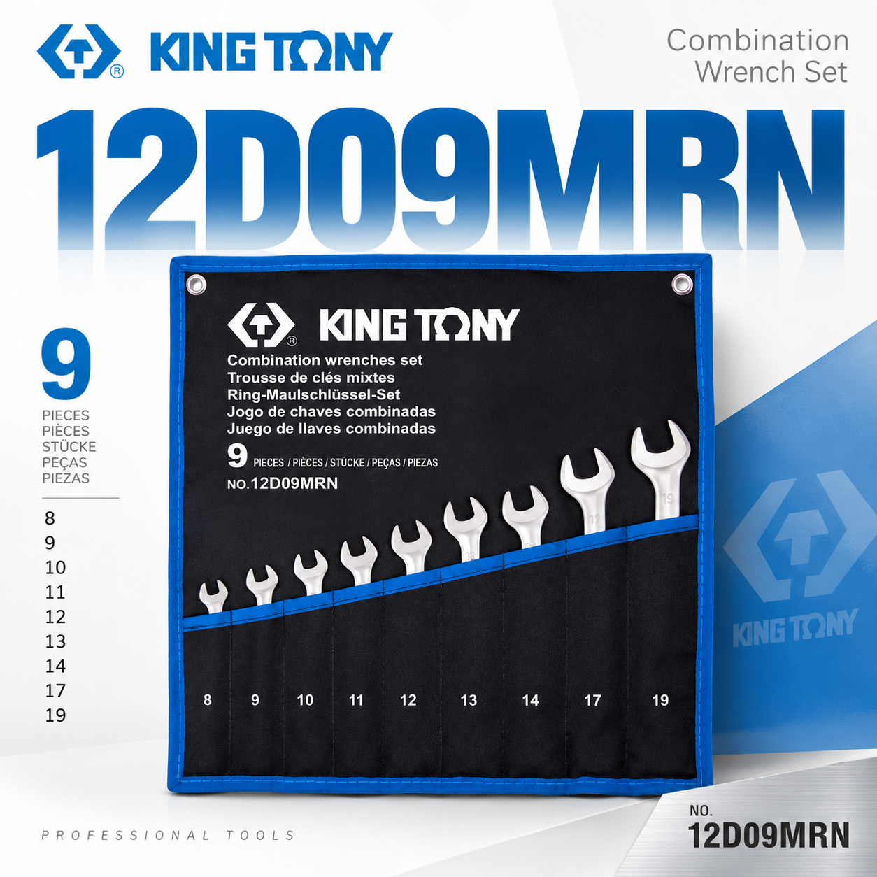KING TONY 金統立｜8-19mm 薄壁梅開板手 9支組 梅花開口板手 梅開扳手組套｜12D09MRN