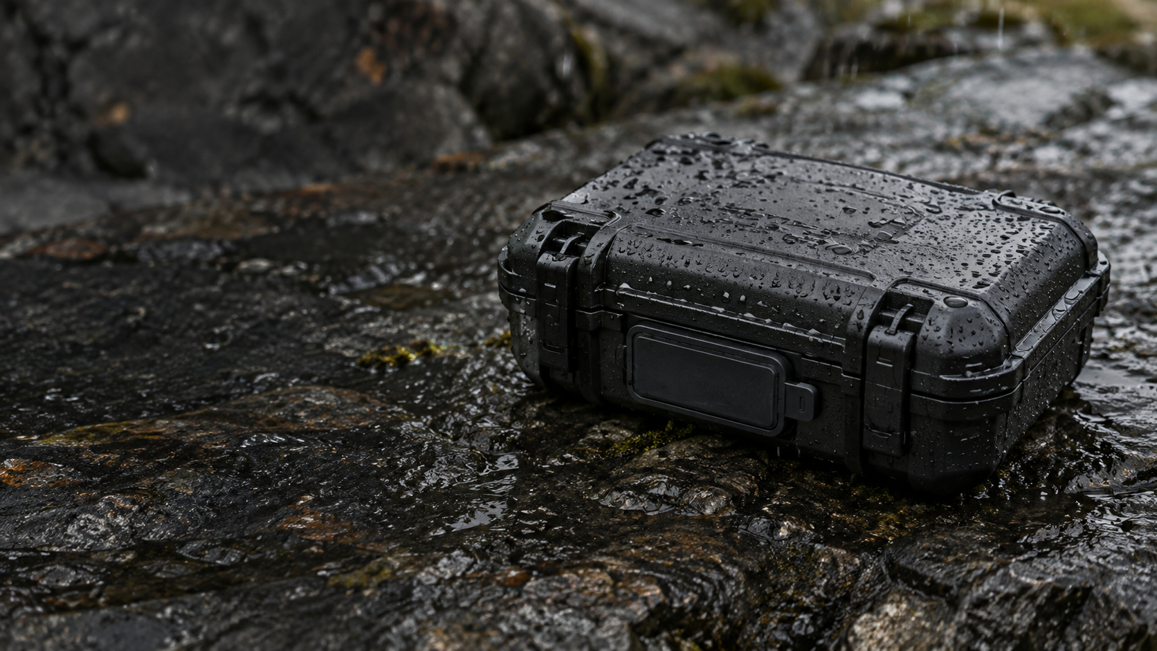 Equipment case on wet rock; AI-generated issue illustration, not a product test or proof of water resistance