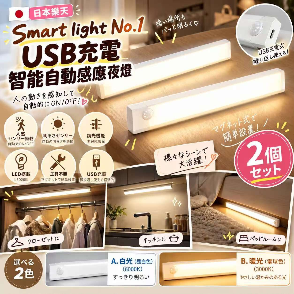 [D3934] 日本樂天Smart light No.1 USB充電智能自動感應夜燈 (一套2個）