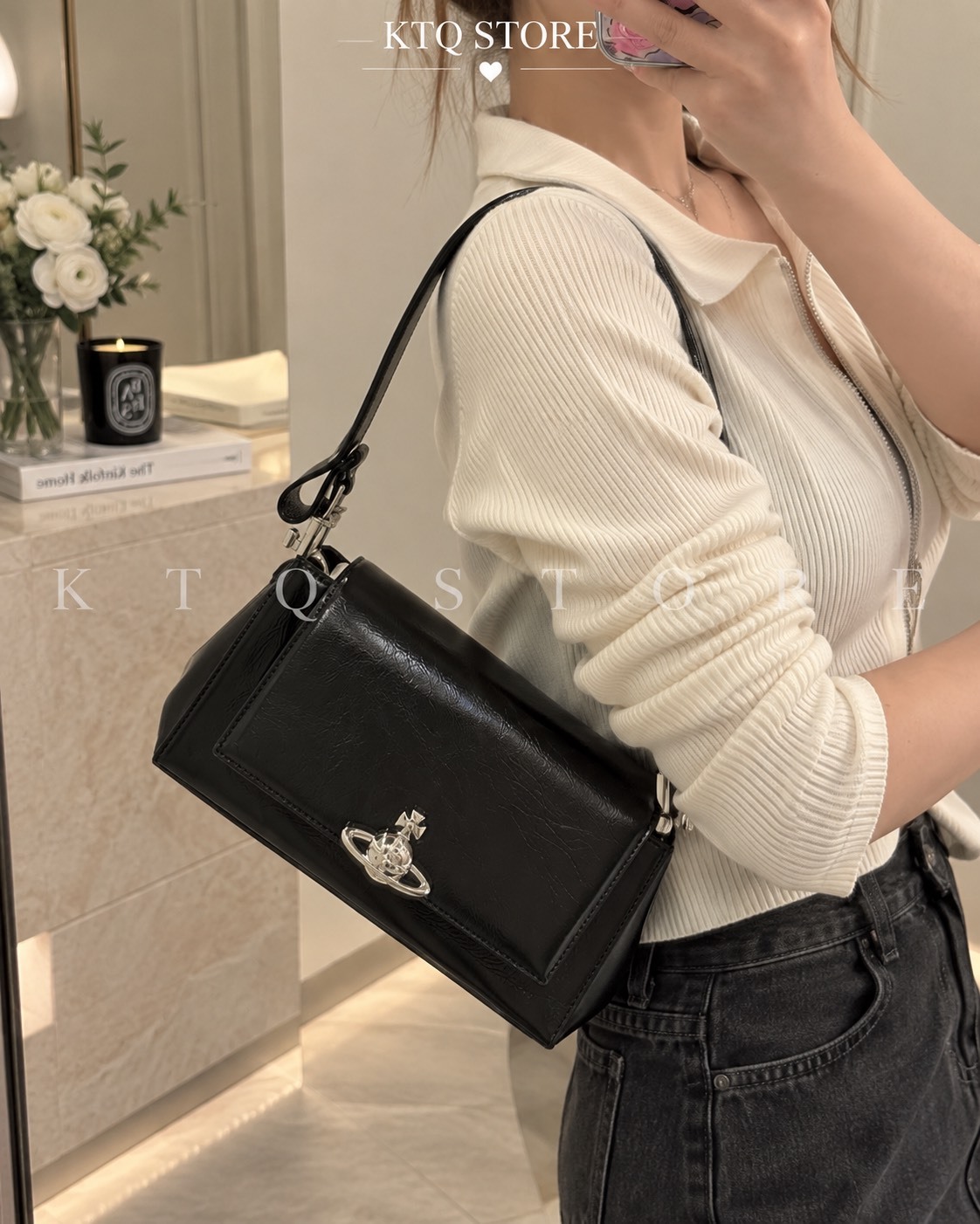 KTQ STORE ‧ 西太后銀色五金小牛皮單肩包 女款 黑色4602000WWS0021N401