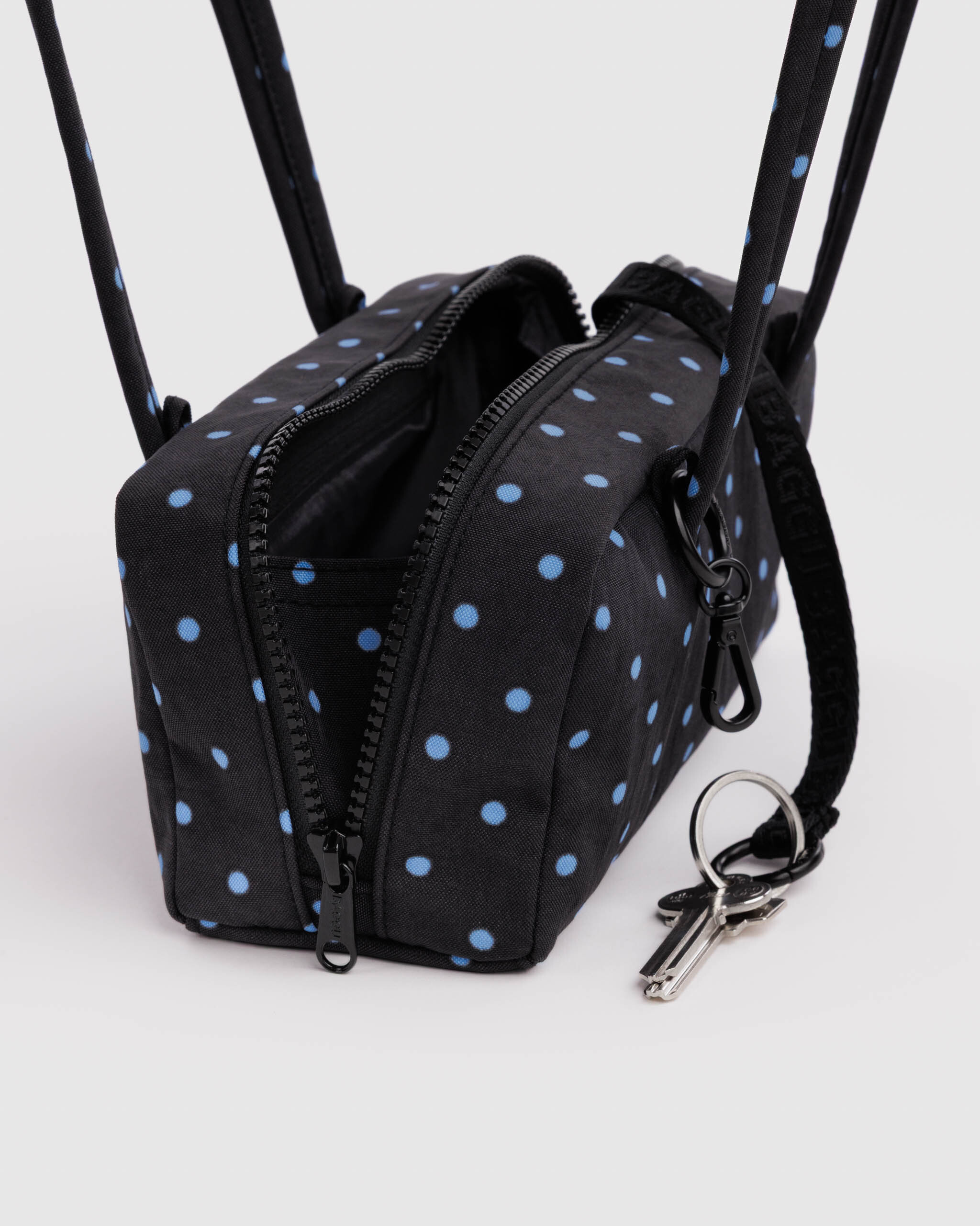 Small Nylon Bowler Bag - Black and Sky Blue Micro Dot｜BAGGU