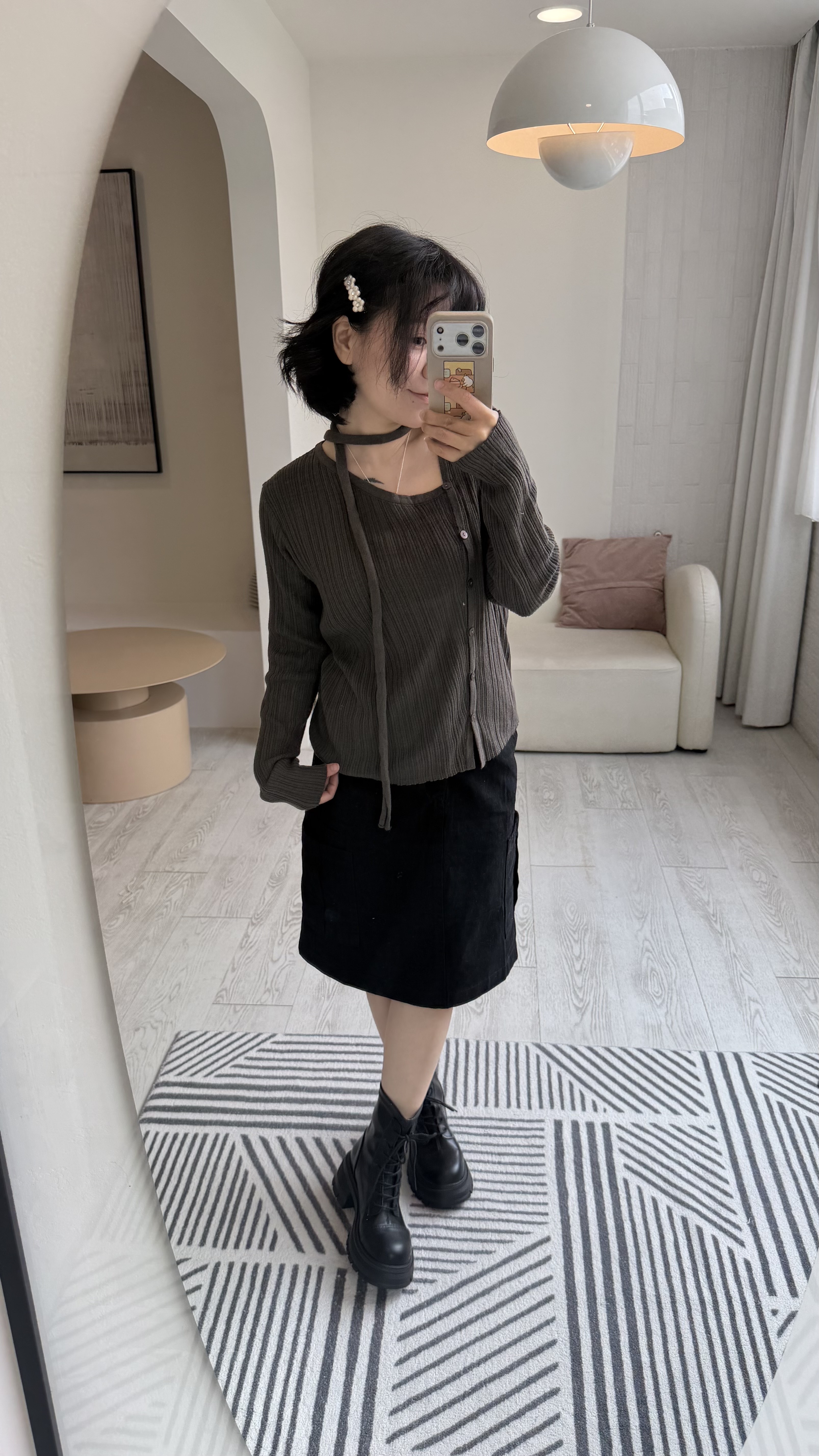 Irregular button knit + tie set