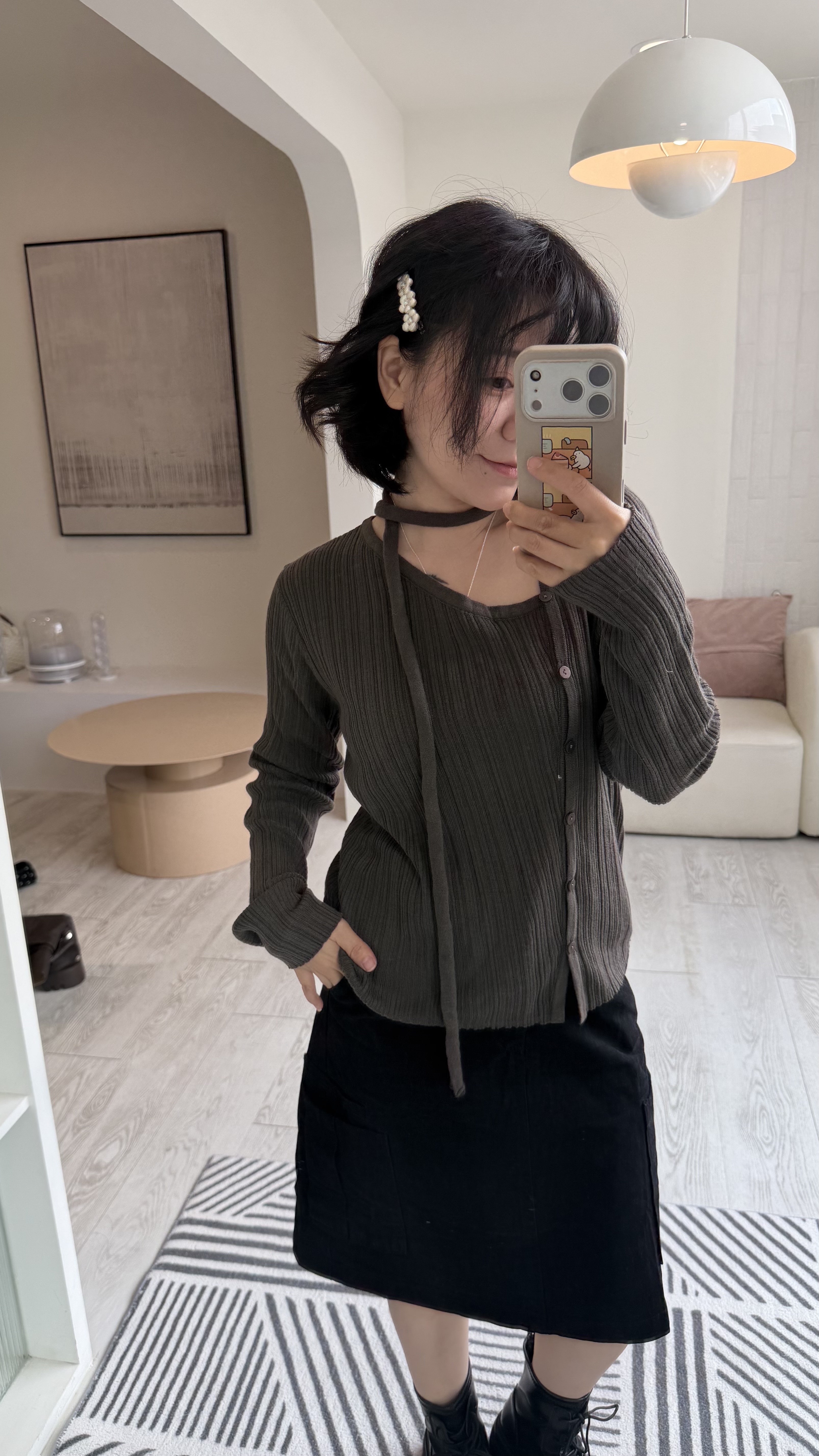 Irregular button knit + tie set