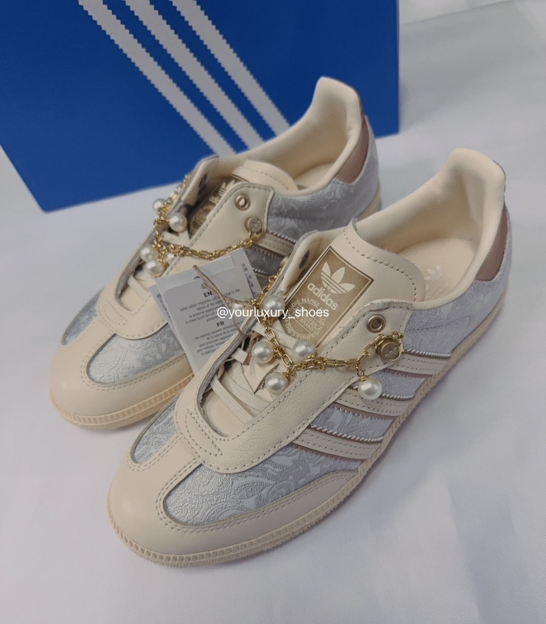 【Luxury】 adidas originals SAMBA OG 舒適百搭薄底 耐磨 低幫 德訓鞋 女款 淺灰 米白 珍珠鏈 銀色花邊 蕾絲 珍珠