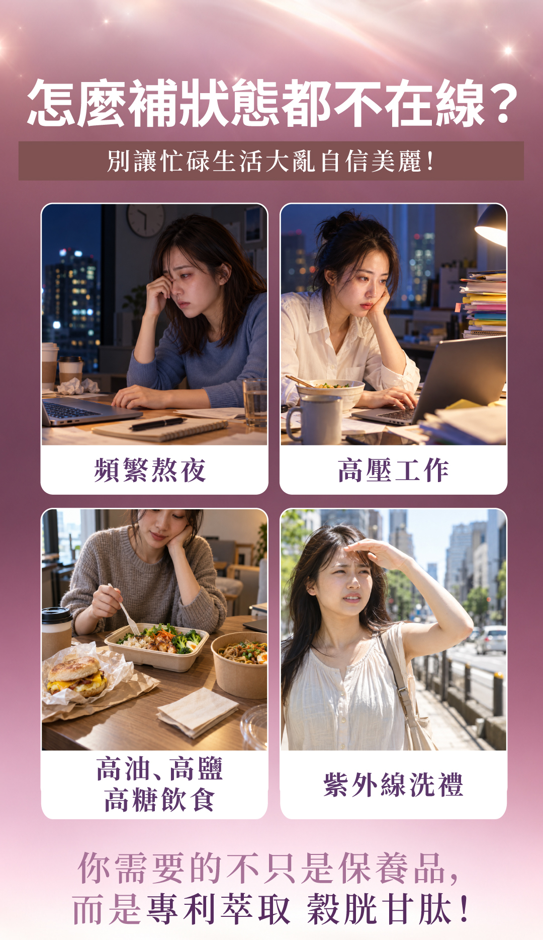 解決頻繁熬夜、高壓工作、外食高油糖與紫外線洗禮等狀態不佳問題，你需要專利萃取穀胱甘肽來維持自信美麗。