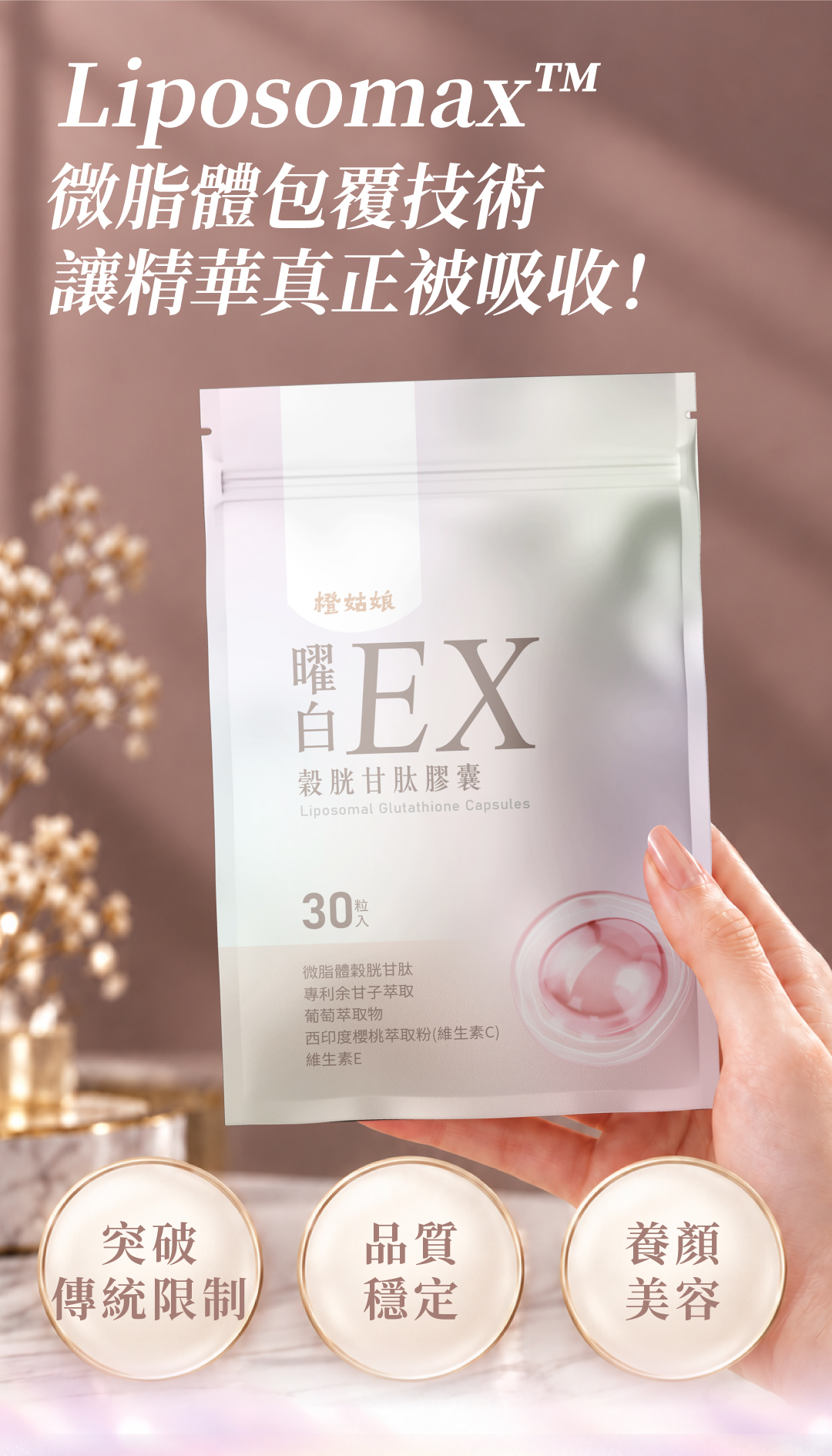 四大核心成份：高純度微脂體穀胱甘肽、美國 Saberry® 專利余甘子萃取、加拿大 GRARES® 葡萄萃取物與西印度櫻桃。