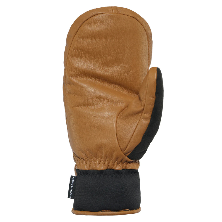 【HORSEFEATHERS】Synapse Mittens Honey蜂蜜棕色皮革併指滑雪手套掌心視圖，展示柔軟皮革掌面、拇指拼接結構與鬆緊收口黑色保暖袖口