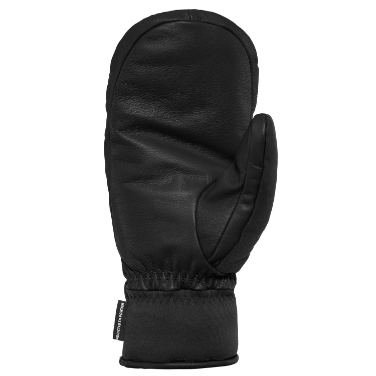 【HORSEFEATHERS】Synapse Mittens Black黑色皮革併指滑雪手套手背視圖，展示壓印品牌Logo皮革面料、腕部魔鬼氈束帶與側邊品牌織標細節