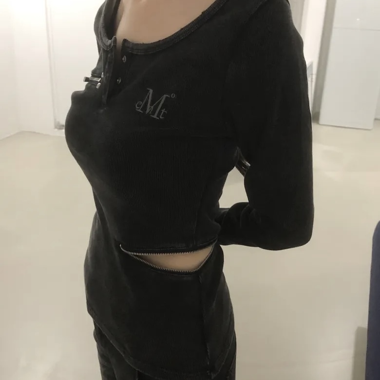 MUCENT 水洗灰 露腰 開衩長袖 亨利領 做舊 拉鍊 個性 韓國代購
