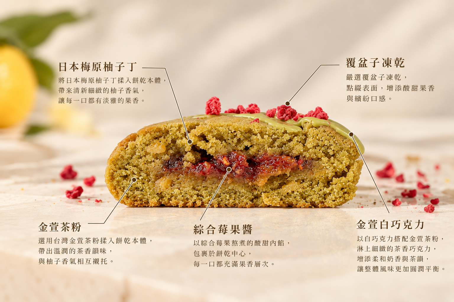 柚子莓果金萱軟餅乾剖面與主要原料｜SWEETFULL