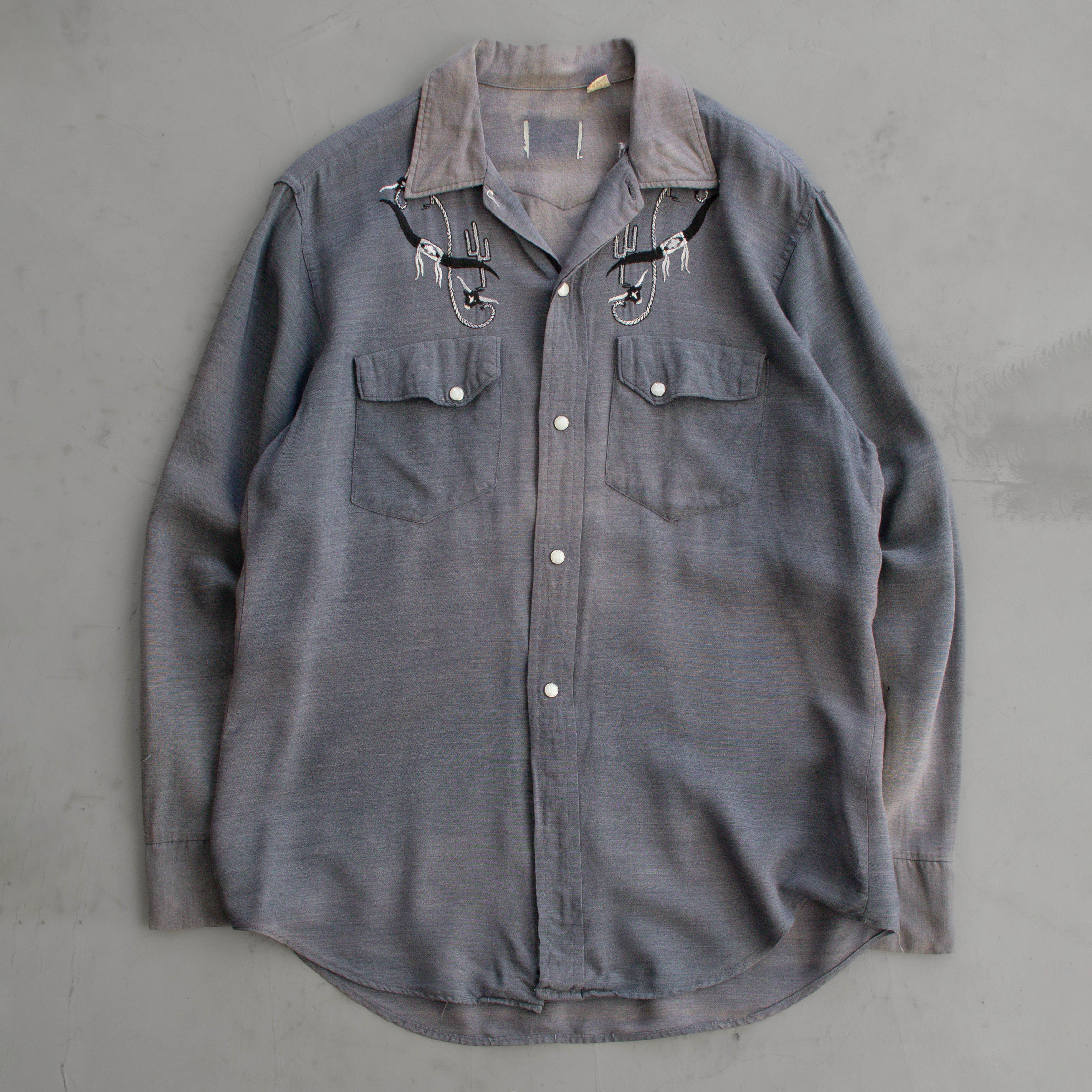 60S VINTAGE RAYON WESTERN SHIRT  美國製 灰色 嫘縈 長袖 西部 襯衫