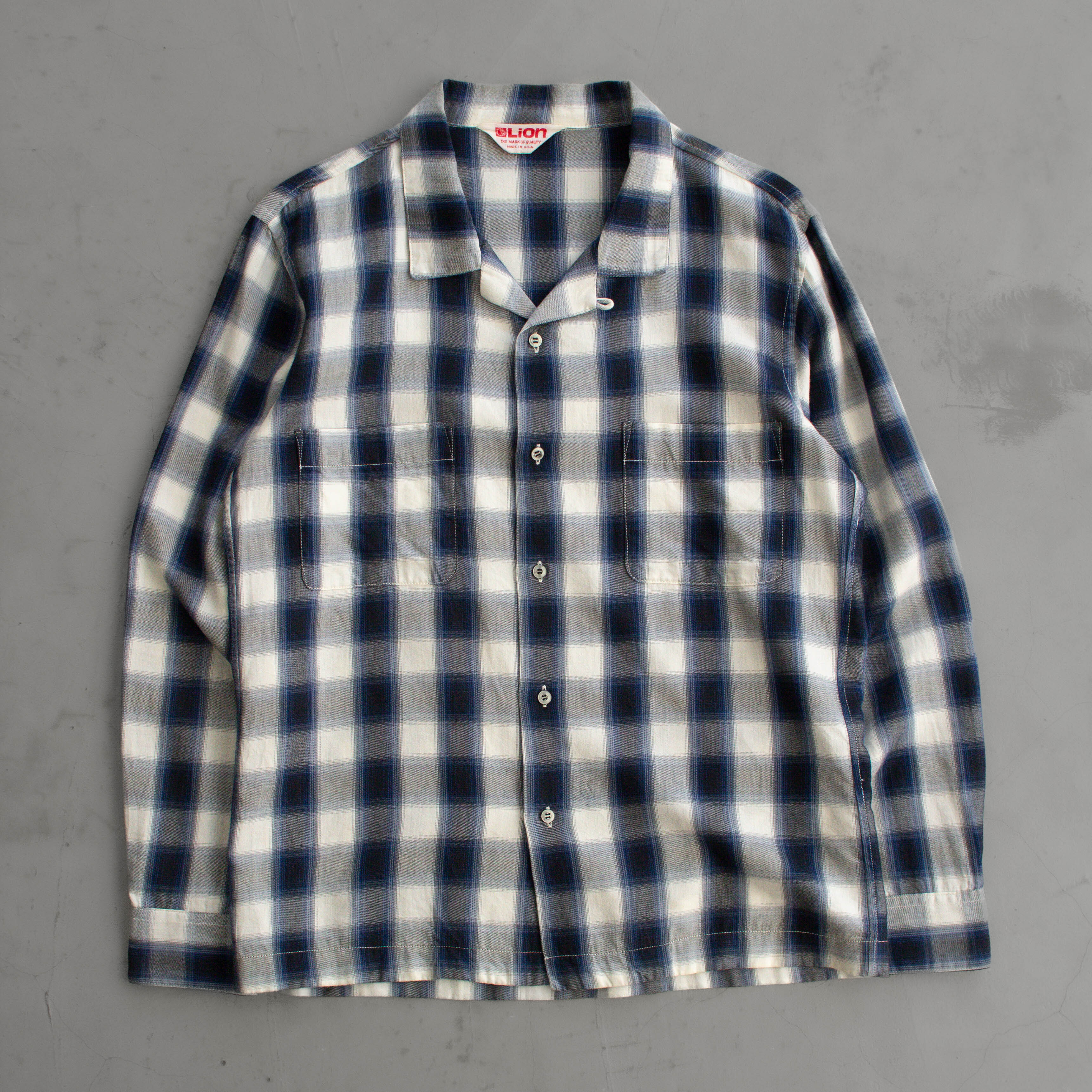 70S VINTAGE OMBRE RAYON SHIRT  美國製 藍黑 漸層 格紋 嫘縈 長袖 襯衫