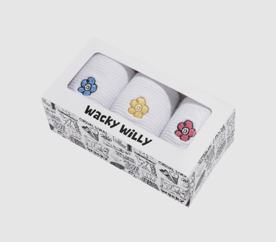 Wacky WiLLy Smile Flower Socks 3-Pack 微笑花朵刺繡 中筒襪 襪子 三件組 WA2603SK07