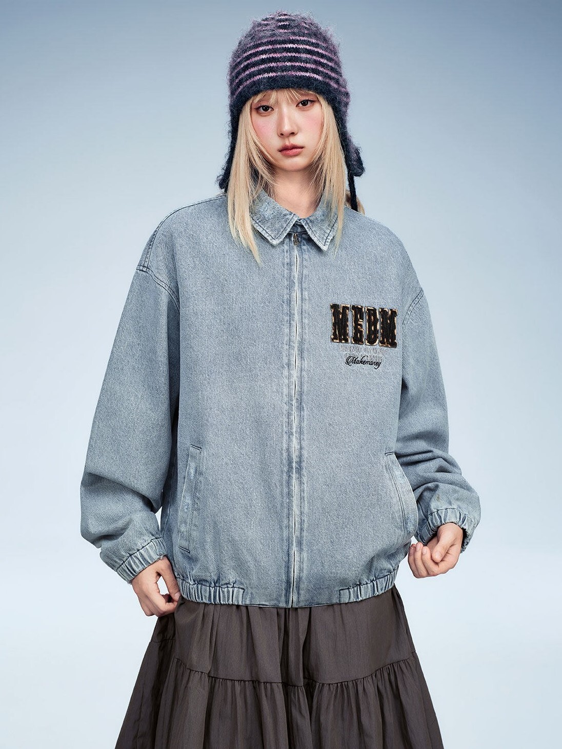 MEDM 拼接刺繡字母Logo 做舊牛仔翻領夾克 外套