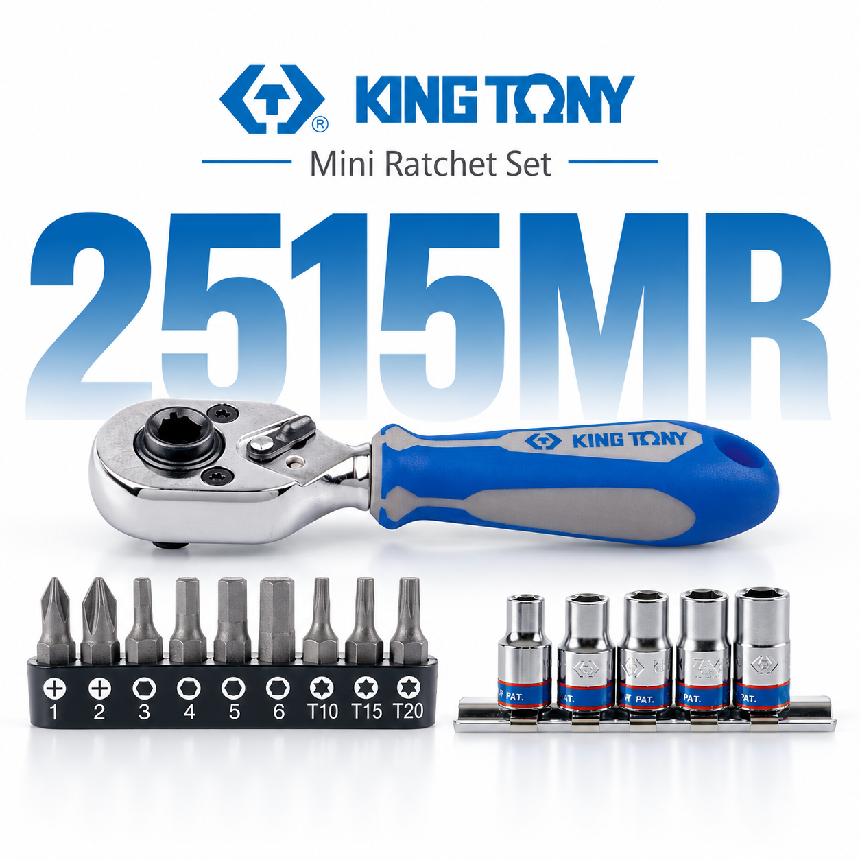 KING TONY 金統立｜1/4" 2分 兩分起子頭 72齒迷你型棘輪扳手組15件式 起子頭｜2515MR