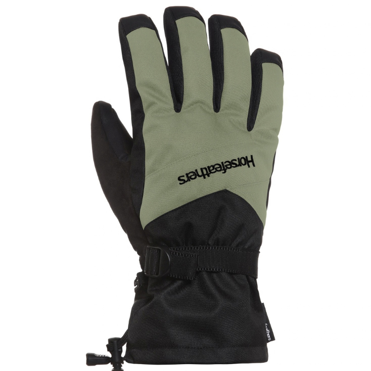 【HORSEFEATHERS】Cornell Gloves Tea茶色黑色撞色五指滑雪手套手背視圖，展示手背品牌Logo字樣、腕部調節束帶與束繩扣具細節