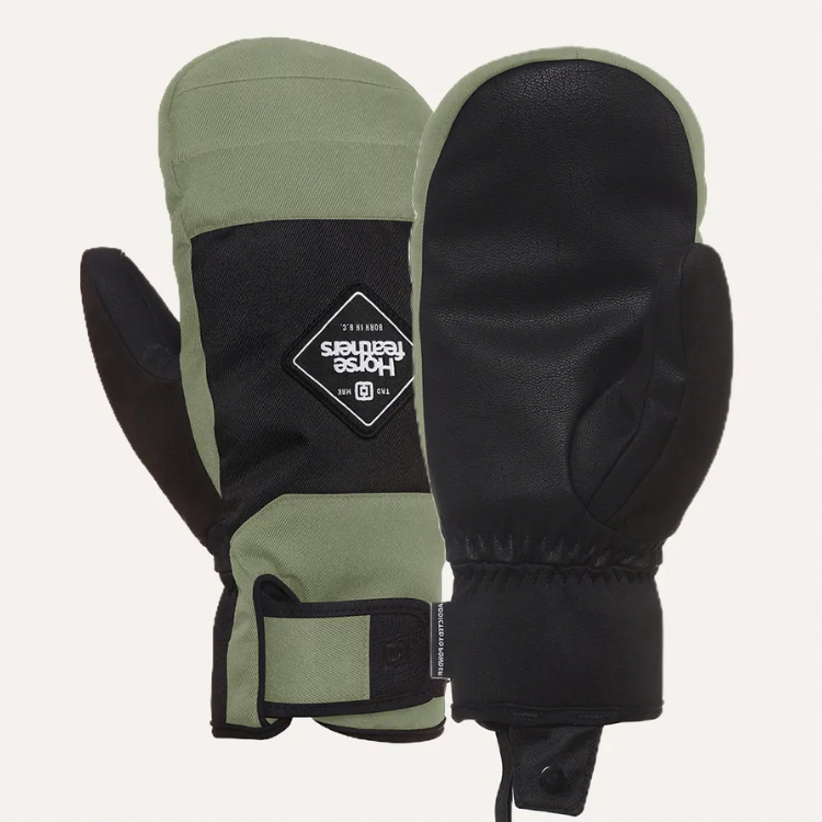 【HORSEFEATHERS】Midway Gloves Tea茶色併指滑雪手套一雙成對展示，呈現手背茶色與黑色網布拼接、黑色菱形品牌Logo布標、腕部束帶與袖口束繩，另一隻手套展示黑色耐磨掌心設計