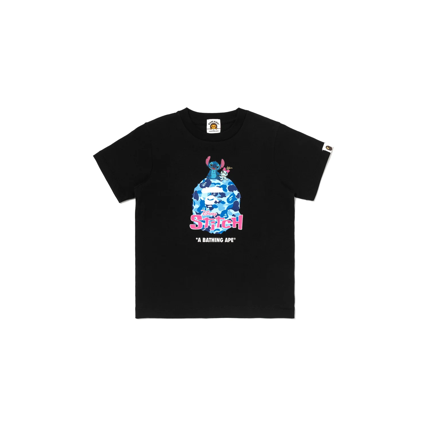 -(B3e04)-A BATHING APE BAPE X DISNEY STITCH ABC CAMO APE HEAD TEE 迪士尼 史迪奇 猿人頭 童裝 短T 黑色/白色-1M73310901