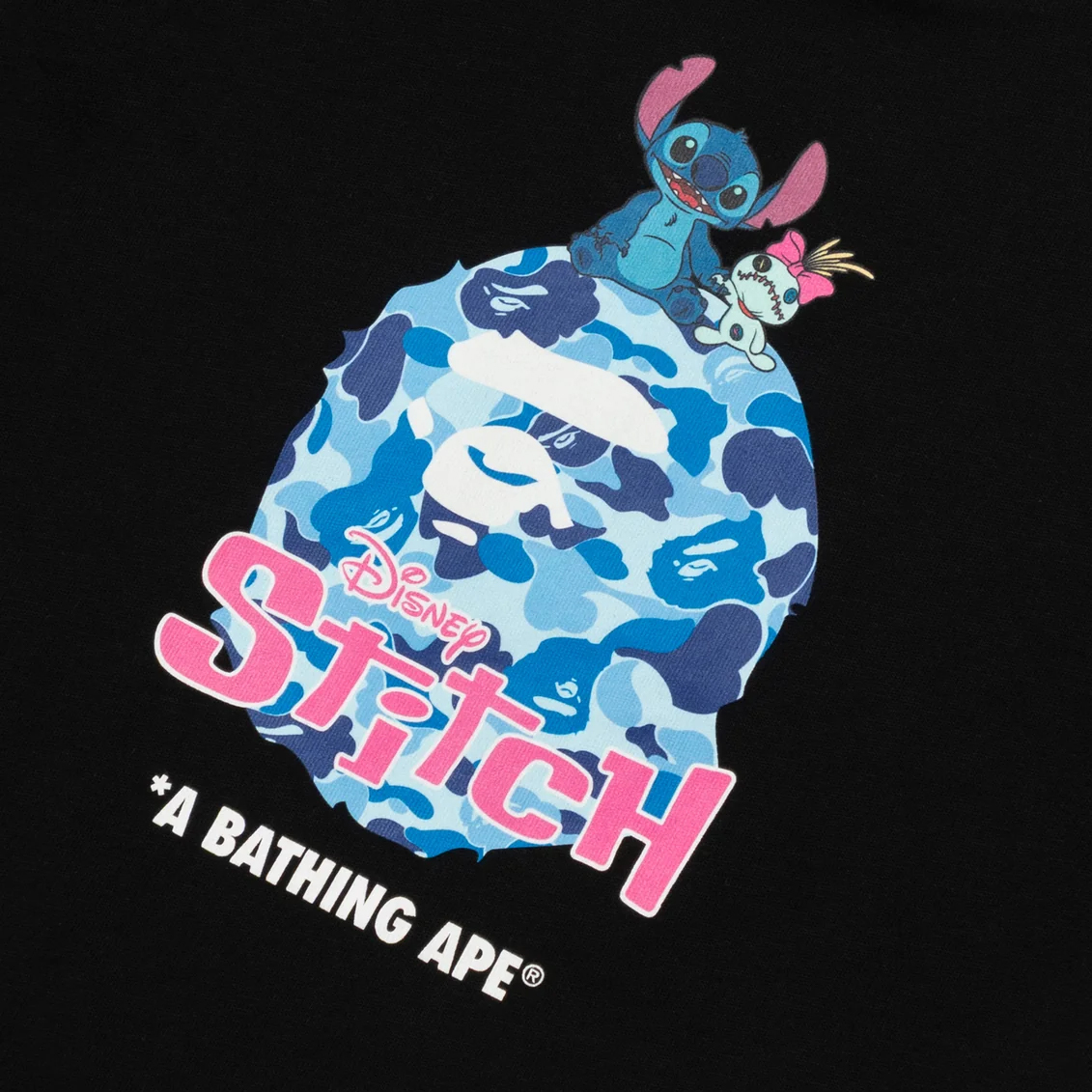 -(B3e04)-A BATHING APE BAPE X DISNEY STITCH ABC CAMO APE HEAD TEE 迪士尼 史迪奇 猿人頭 童裝 短T 黑色/白色-1M73310901