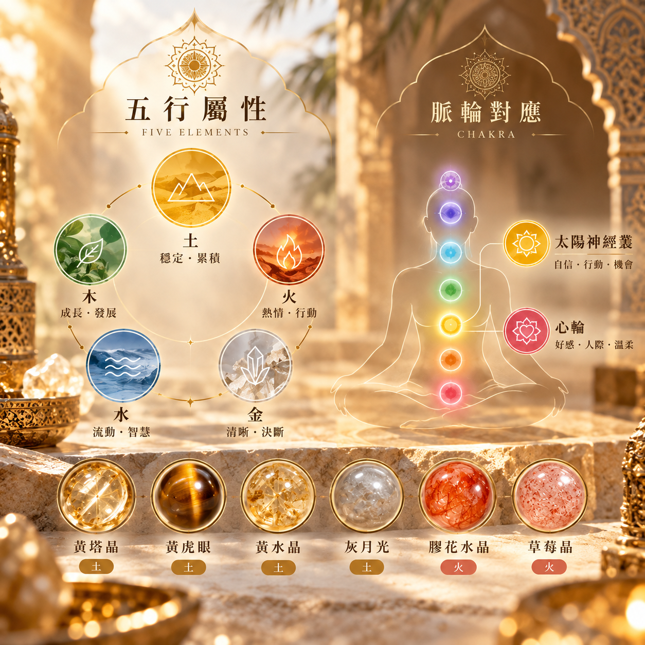 黃塔晶天然水晶手鍊五行脈輪圖|黃虎眼、黃水晶、灰月光、膠花水晶與草莓晶五行屬性及脈輪對應