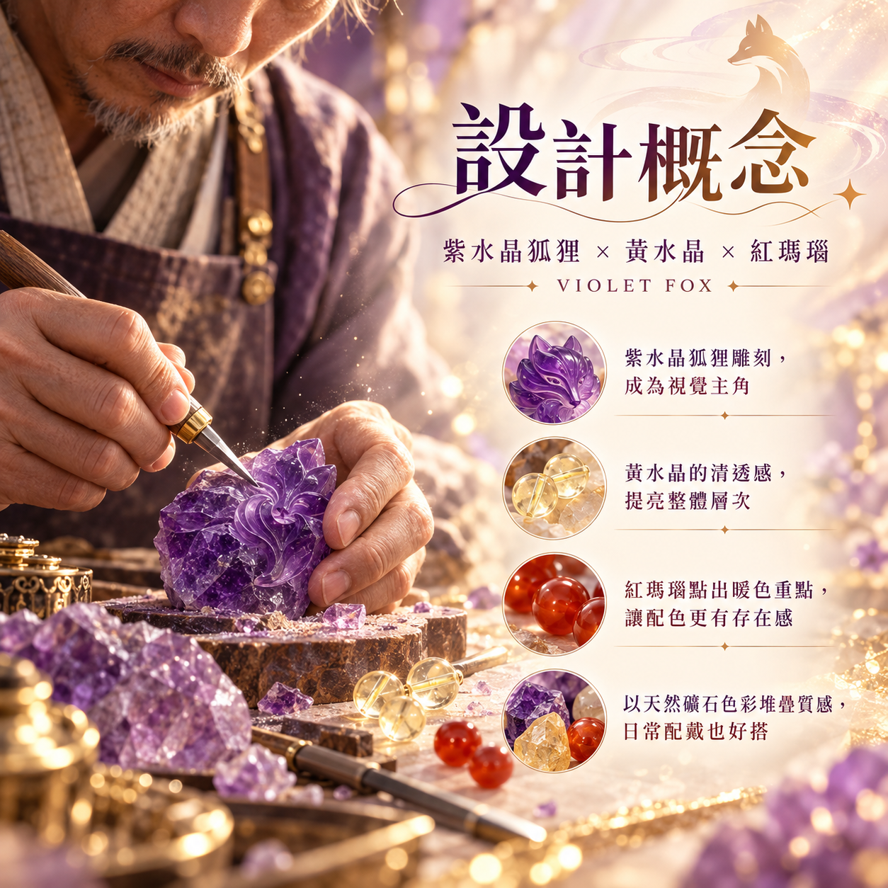 紫水晶狐狸手鍊|天然紫水晶狐狸雕刻主石細節