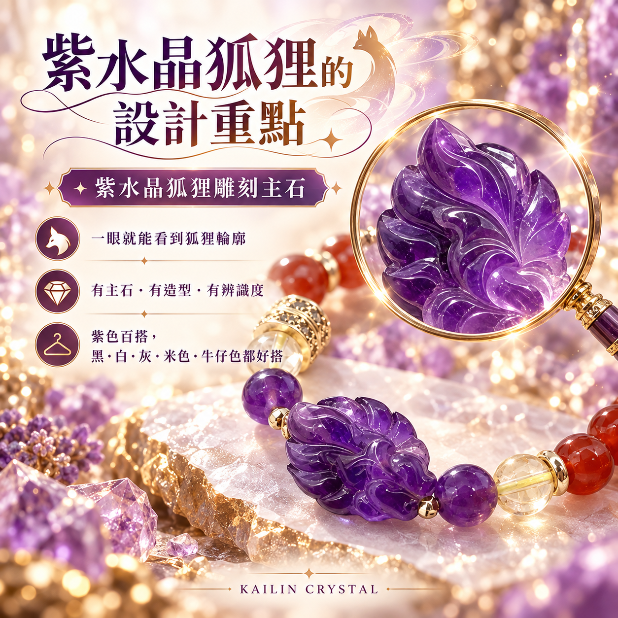 紫水晶狐狸手鍊|天然紫水晶狐狸雕刻主石細節