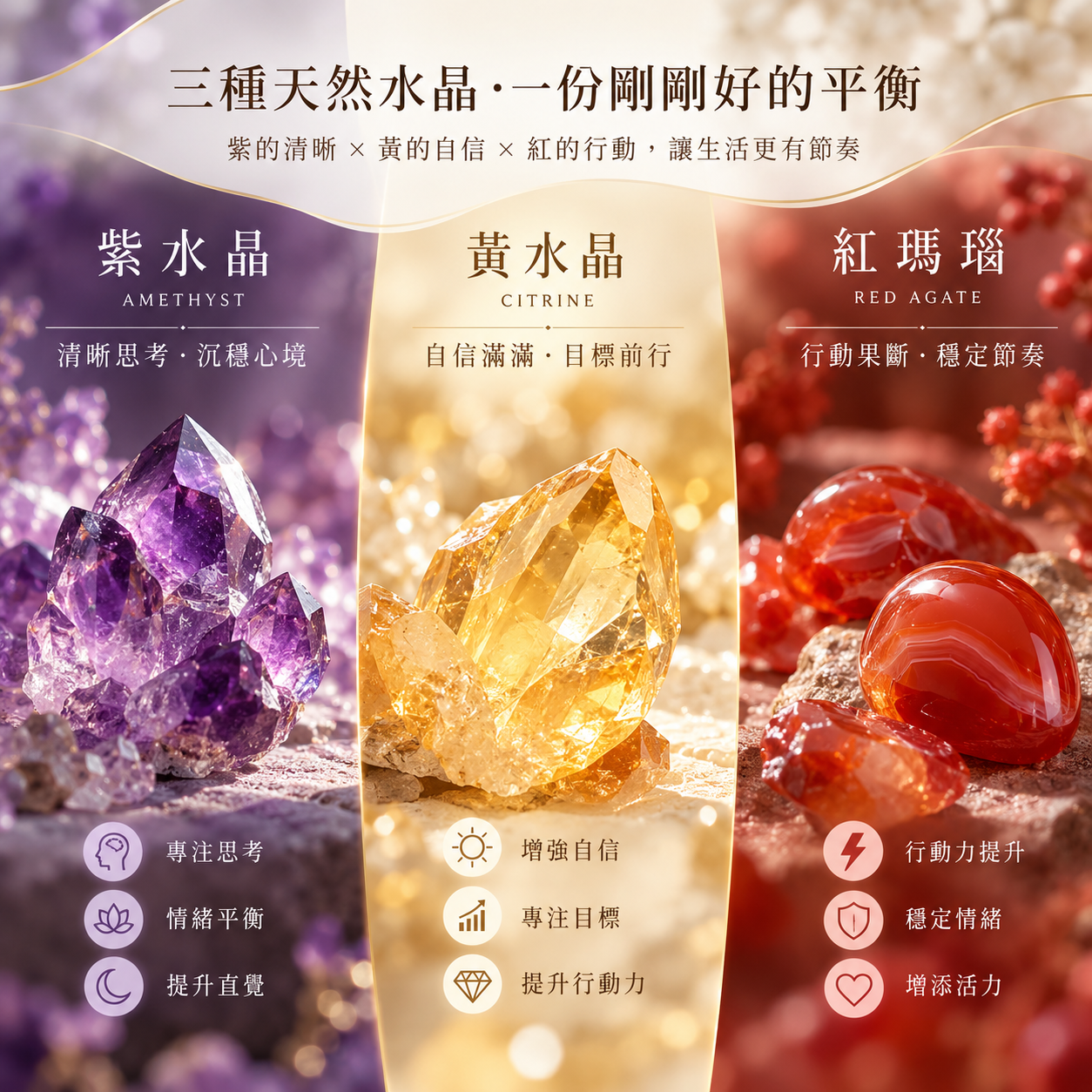 天然水晶手鍊|紫水晶黃水晶紅瑪瑙材質特色與清晰自信行動感介紹