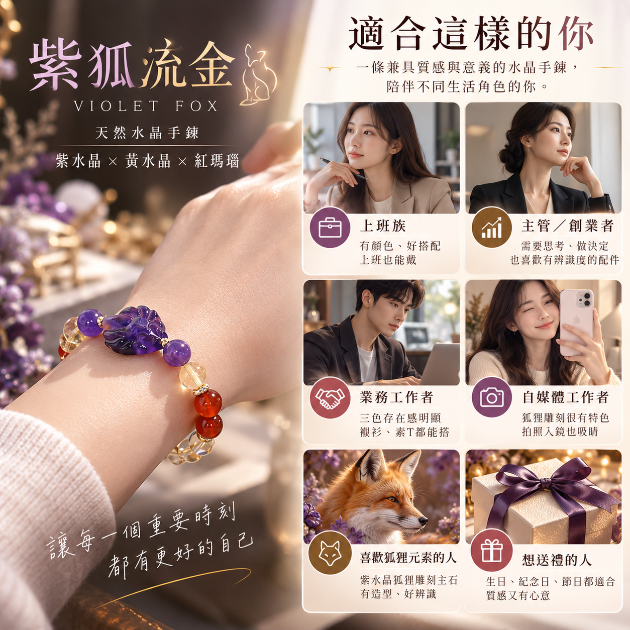 紫水晶狐狸手鍊|上班族主管業務自媒體日常配戴與送禮推薦
