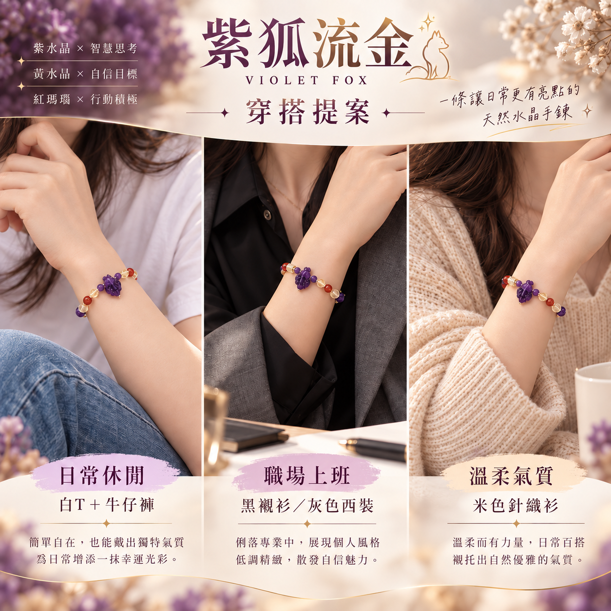 紫水晶狐狸手鍊|紫狐流金女生日常穿搭與上班造型提案