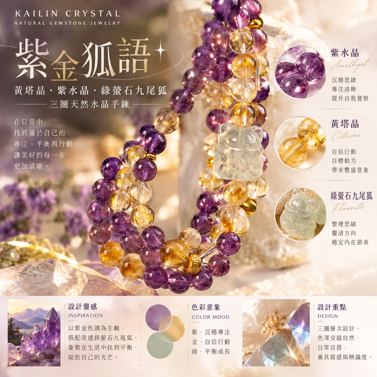 黃塔晶紫水晶綠螢石九尾狐三圈天然水晶手鍊設計概念|紫金狐語 KAILIN CRYSTAL