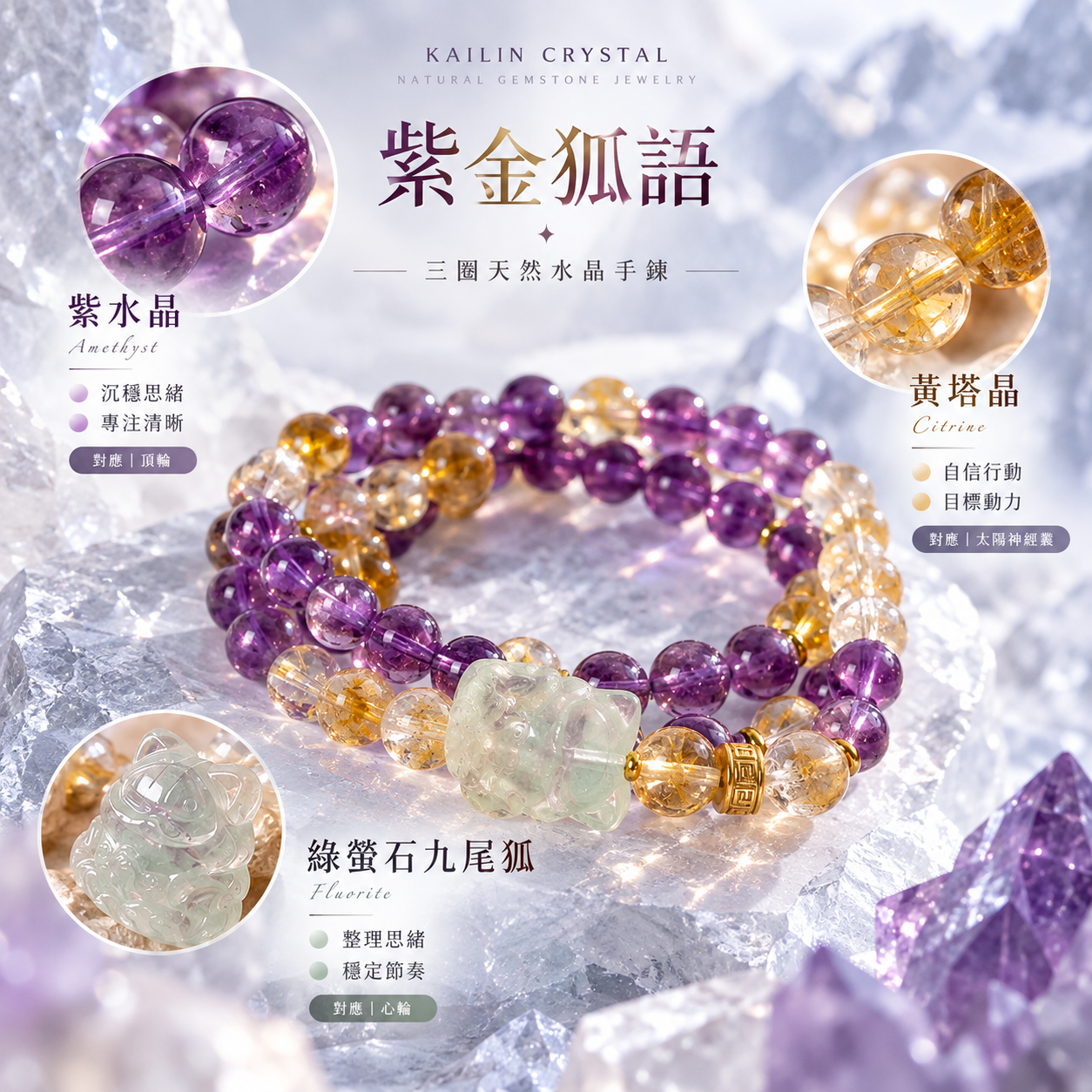 黃塔晶紫水晶綠螢石九尾狐三圈天然水晶手鍊材質介紹|紫金狐語 KAILIN CRYSTAL
