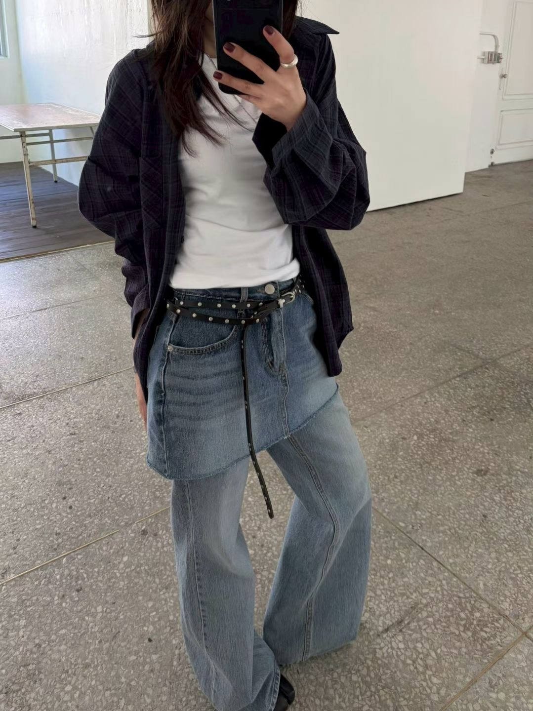 牛仔短裙拚喇叭褲