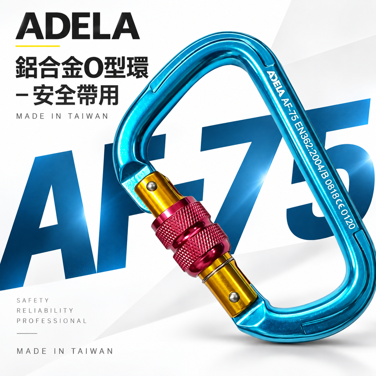 台灣製 ADELA｜鋁D型環｜鋁鉤環 安全帶用鋁合金安全勾 安全掛鉤 登山鉤 可旋轉鎖定安全鉤｜AF-75