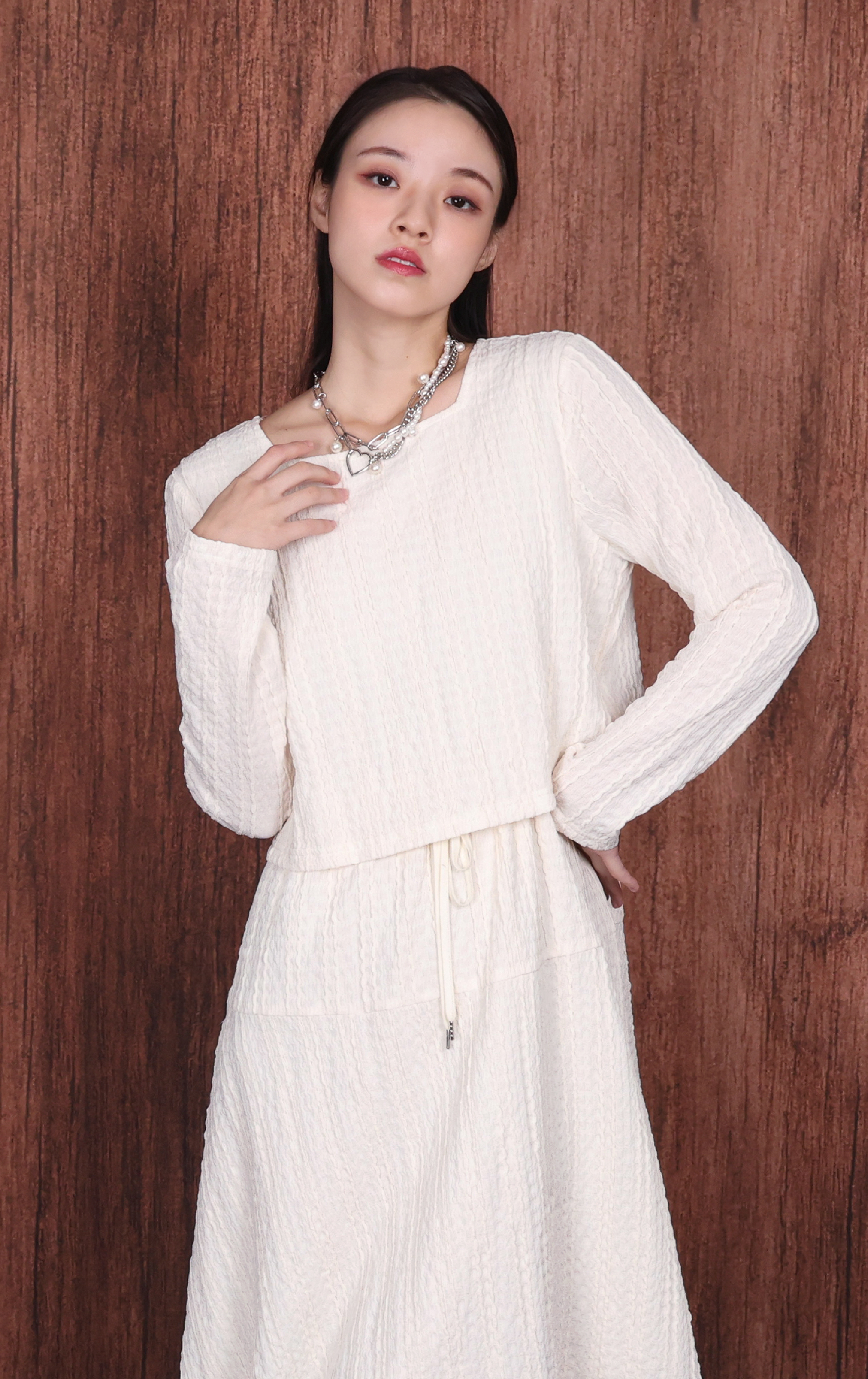 Textured Square Neck Long Sleeve Dress OP0351