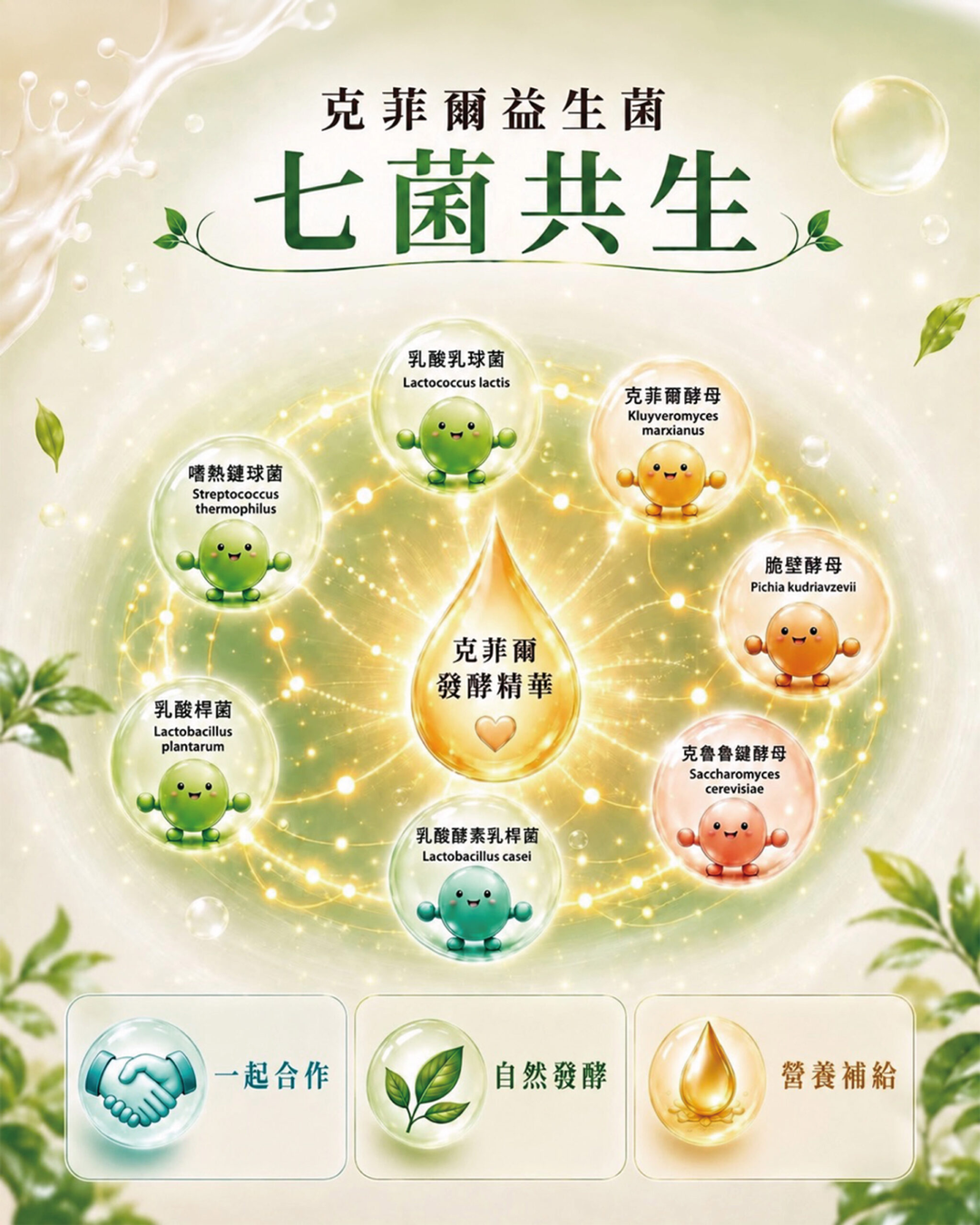 好漾菌的七菌共生發酵精華，包含乳酸乳球菌等4種乳酸菌與3種酵母菌，透過自然發酵達到營養補給