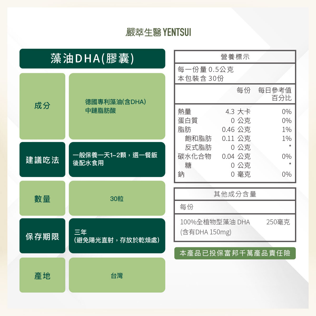 嚴萃生醫藻油DHA成分表