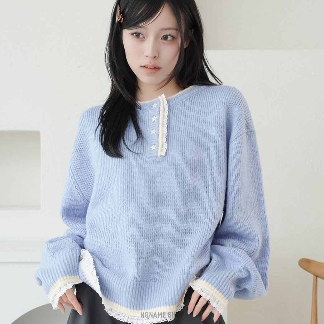KUTIR 日本限定 撞色 拼接 蕾絲 星星 亨利領 針織衫 六色 (女款)