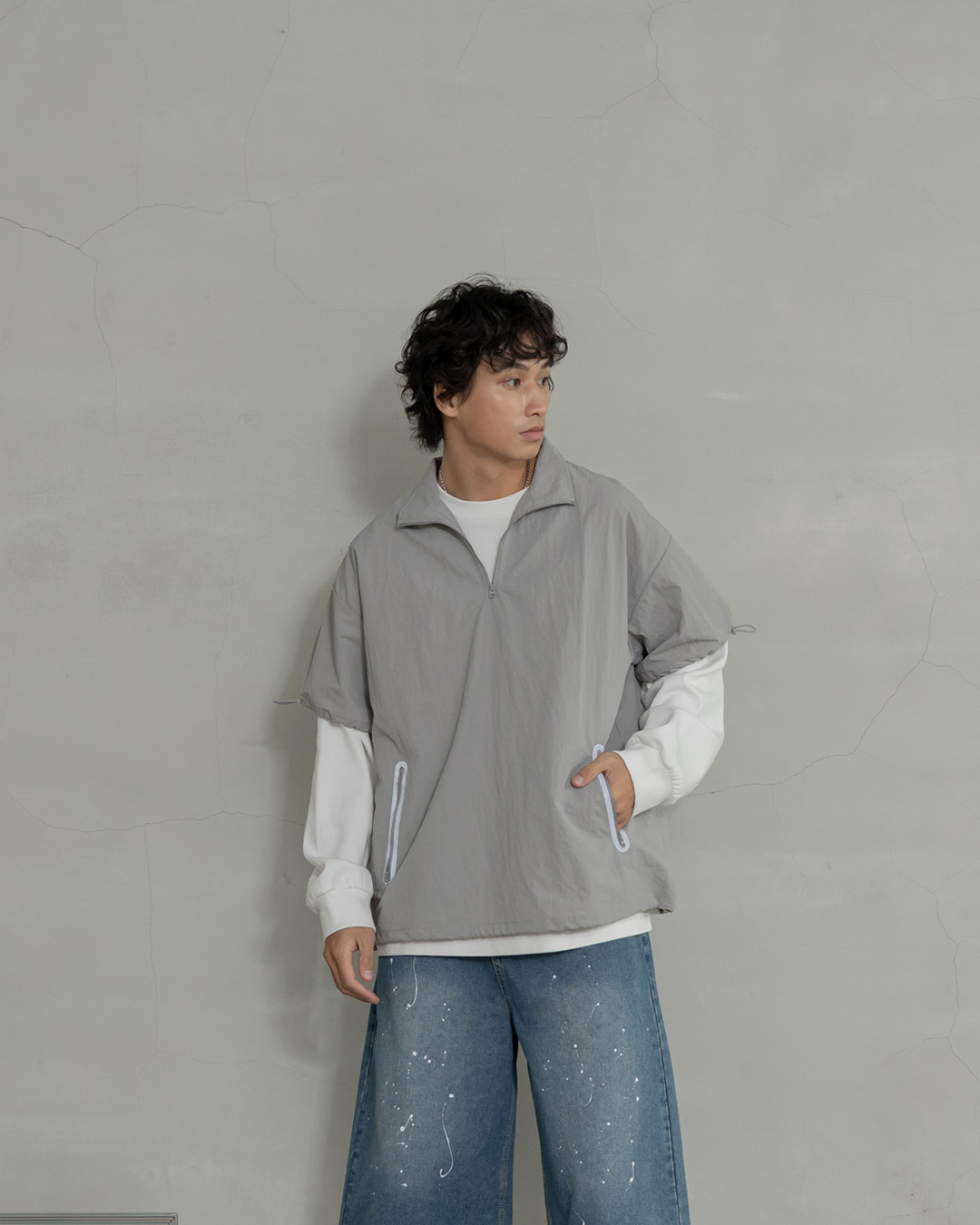 Men's reflective strip pocket zip-up half-front jacket, available in two colors, 1/2【01099766】in stock+pre-order