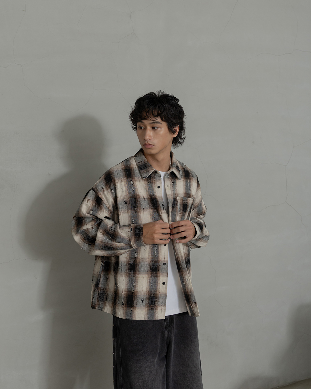 Men's casual distressed plaid shirt - coffee style, M/L【01025875】in stock+pre-order